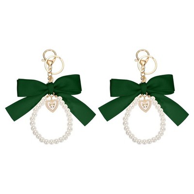 2pcs Ribbon Keychain with Bow, Pearl and Heart Pendant for Wristlet, Green