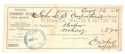 1888 Schooner L.B. Cowperthwaite Providence Steam Tug ''Walter E Sutton'' Receipt