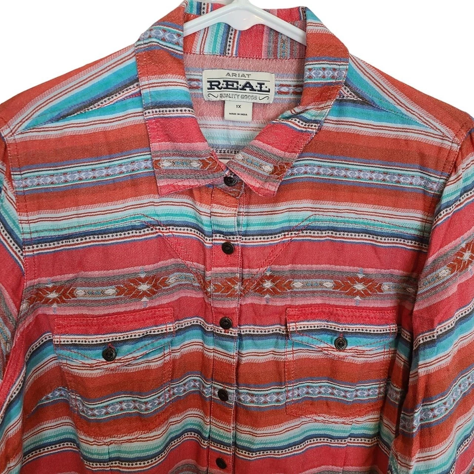 Camisa Ariat Mujer 1X Azul Naranja Abotonada Serape Jacquard Western REAL Brave Foto 2 de 4