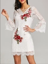 San Joy White Lace Bell Sleeve Mini Dress Floral Detail Coquette Women’s Size M