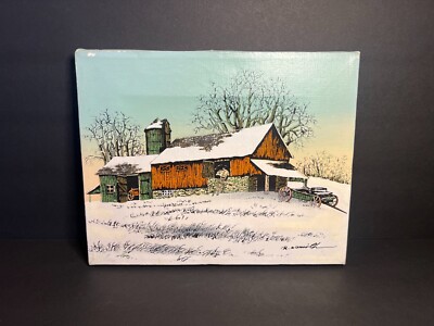 Original Winter Barn Farm House Signed R Smith Oil Canvas Painting Art 10 x 8''
