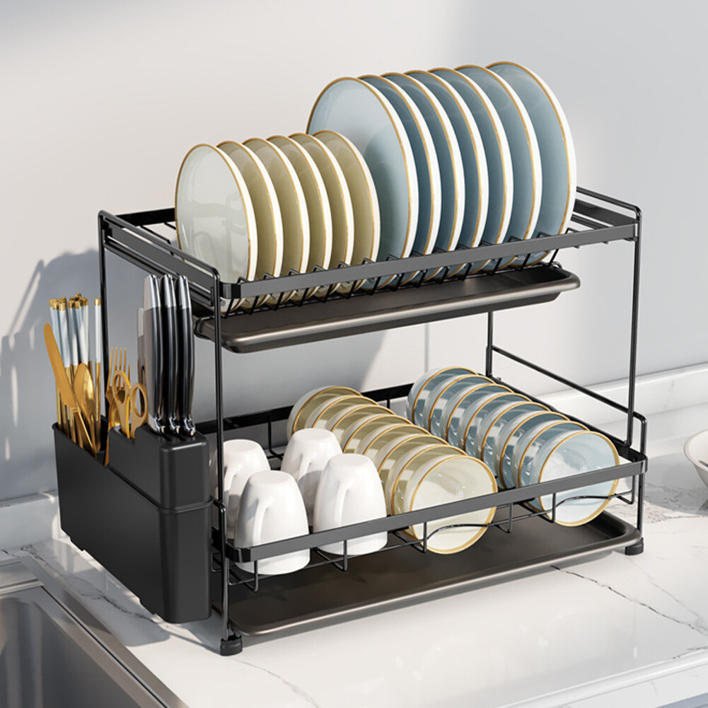 Large Kitchen Dish Drainer Rack with Drip Tray Cutlery Holder Plate Rack  Sink