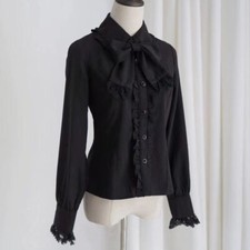 Damen Lolita Shirt Top Mädchen Knopf Schleife Bluse Rüsche Lange Ärmel Japanisch