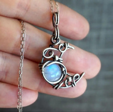 Crescent Moon Celestial Opal Necklace Charm Pendant Silver Necklace - Astrology