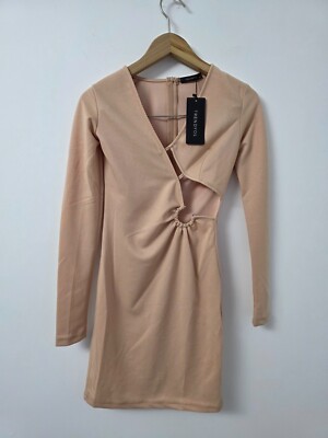 Trendyol Mini Dress Womens UK6 Beige Bodycon VNeck Glam Party Stretch