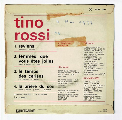 Tino ROSSI Vinyle 45T EP CHANSONS ETERNELLES -REVIENS -FEMMES ... -COLUMBIA 1897 - Imagen 3 de 3