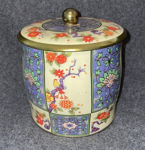 Vintage English Biscuit Tin with Knob w/Asian Floral Motiff Canister - Picture 3 of 7