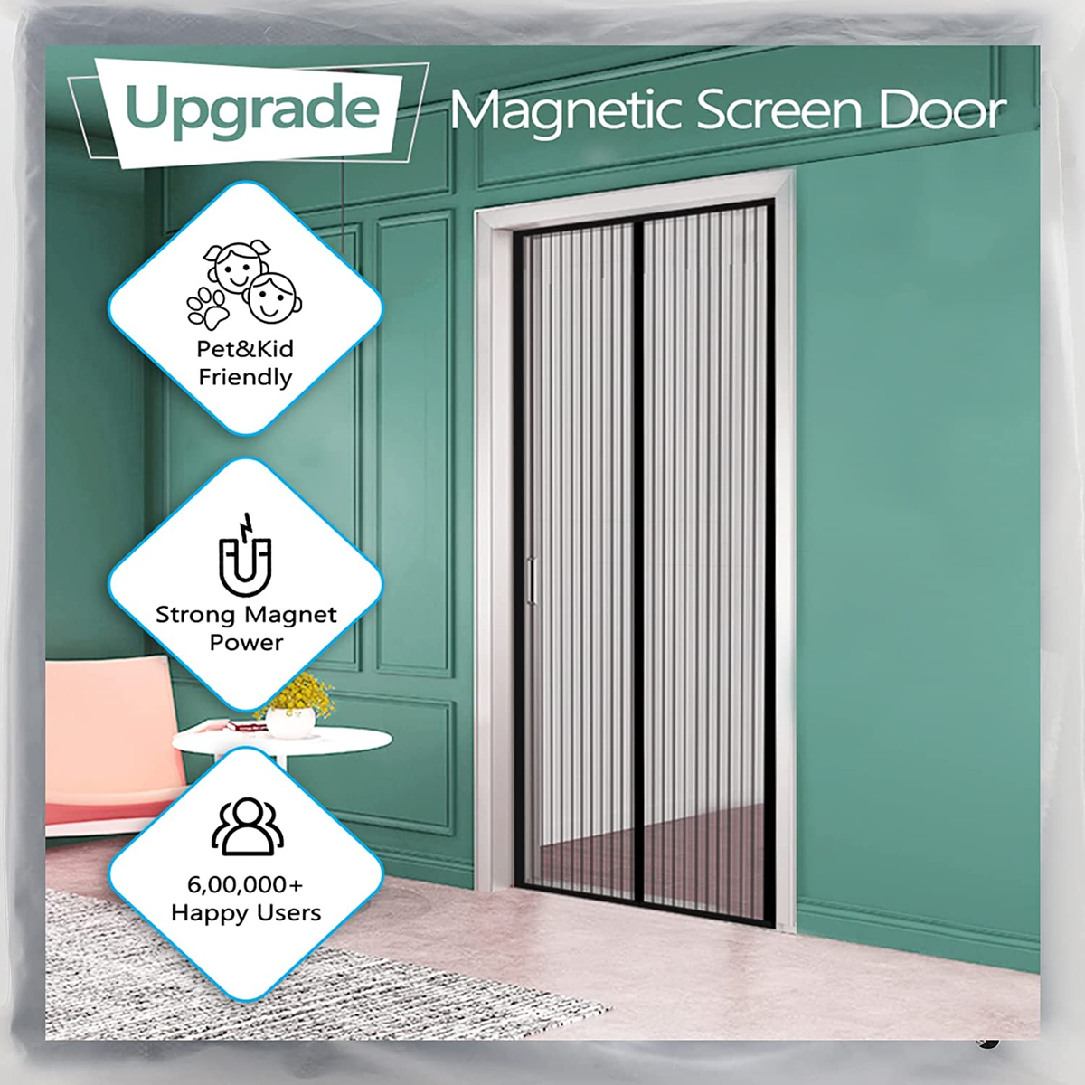 Risareyi Magnetic Screen Door - Self-Closing, Black Mesh, Fits Door Opening Up To 32"x50", Actual Size 34"x52", Keeps Bugs Out - View #5