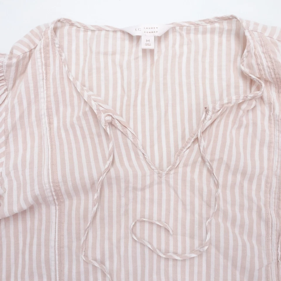 Blusa LC Lauren Conrad Mujer Mediana Rayas Elastizada Manga Campana Cuello Atado Top Foto 2 de 4