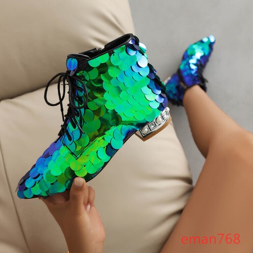 Sparkly Women's Ankle Boots Pointed Toe Lace Up Sequin Party Performance Shoes - Bild 9 von 27