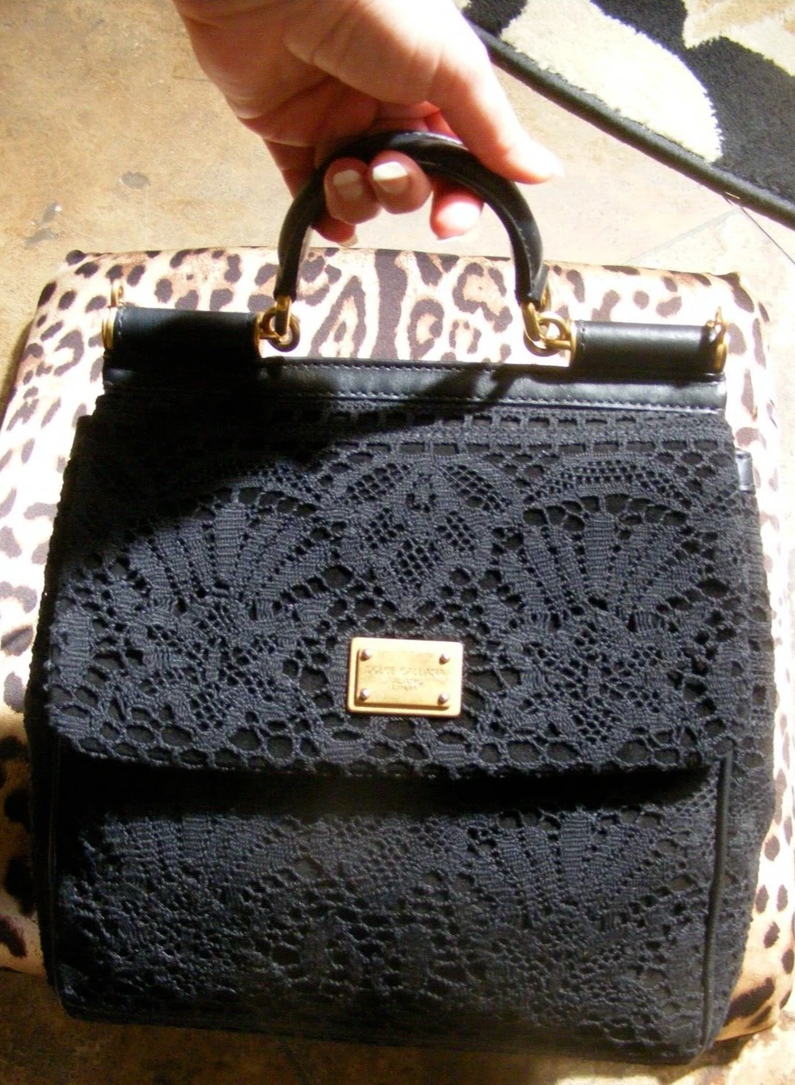 DOLCE & GABBANA MISS SICILY Black Knit Crochet over Suede Leather Hand Bag