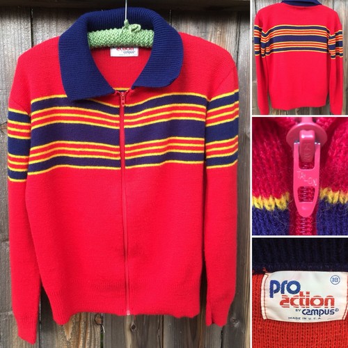 Vintage Pro Action By Campus Zip Front Sweater W/ Collar Striped 70s Boys 18 - Picture 6 of 12