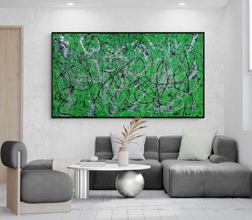 XXL Jackson Pollock Style Green Abstract Drip Painting - Handmade Art - 59x30 in - Picture 4 of 10