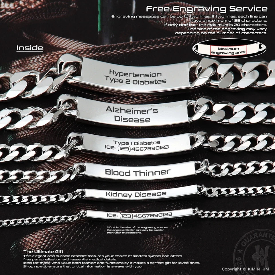 Quality Sterling Silver MedicaI Alert Bracelet, Diabetic, Personalised Gift - Image 4 of 4