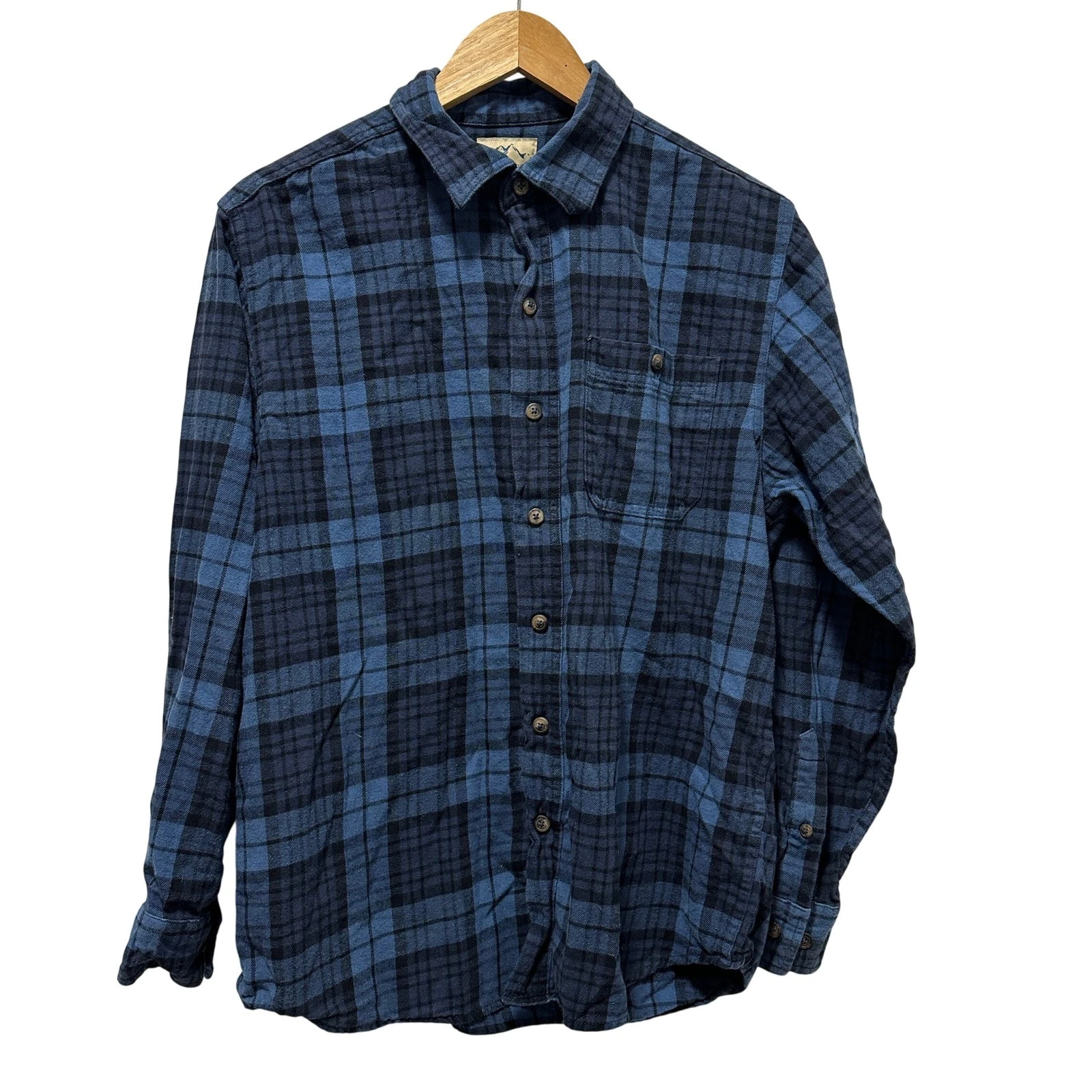 Blue Mountain Flannel Shirt Mens Medium Blue Plaid Button Up Long Sleeve Cotton