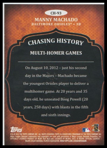 Manny Machado Chasing History 2013 Topps #CH-93 lámina de plata - Imagen 2 de 2