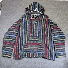 Mexican Baja Poncho Pullover Hoodie Size Large Multicolor Stripe Surfer Drug Rug