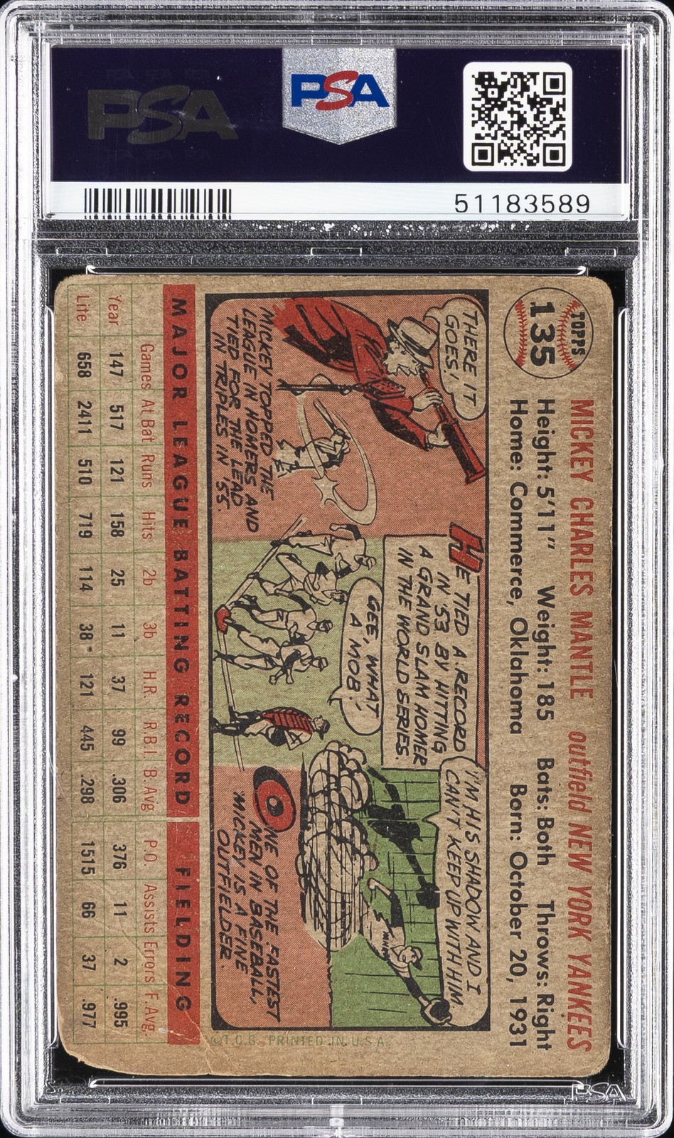 1956 TOPPS GRAY BACK #135 MICKEY MANTLE PSA 1 view 2