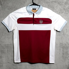 Bogner Polo Shirt Mens Medium White Burgundy Gray Golf Crest Logo Performance