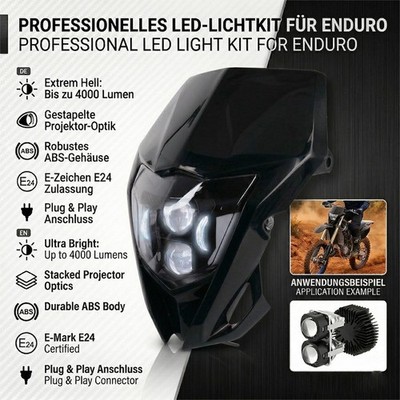 Scheinwerfer LED für Enduro schwarz Komplettset E-Prüfzeichen