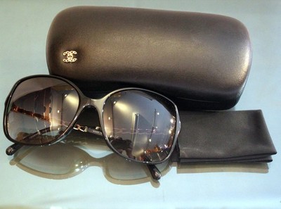 Auth CHANEL CLASSIC GOLD CHAIN Black Leather Sunglasses GOLD  display picture 1