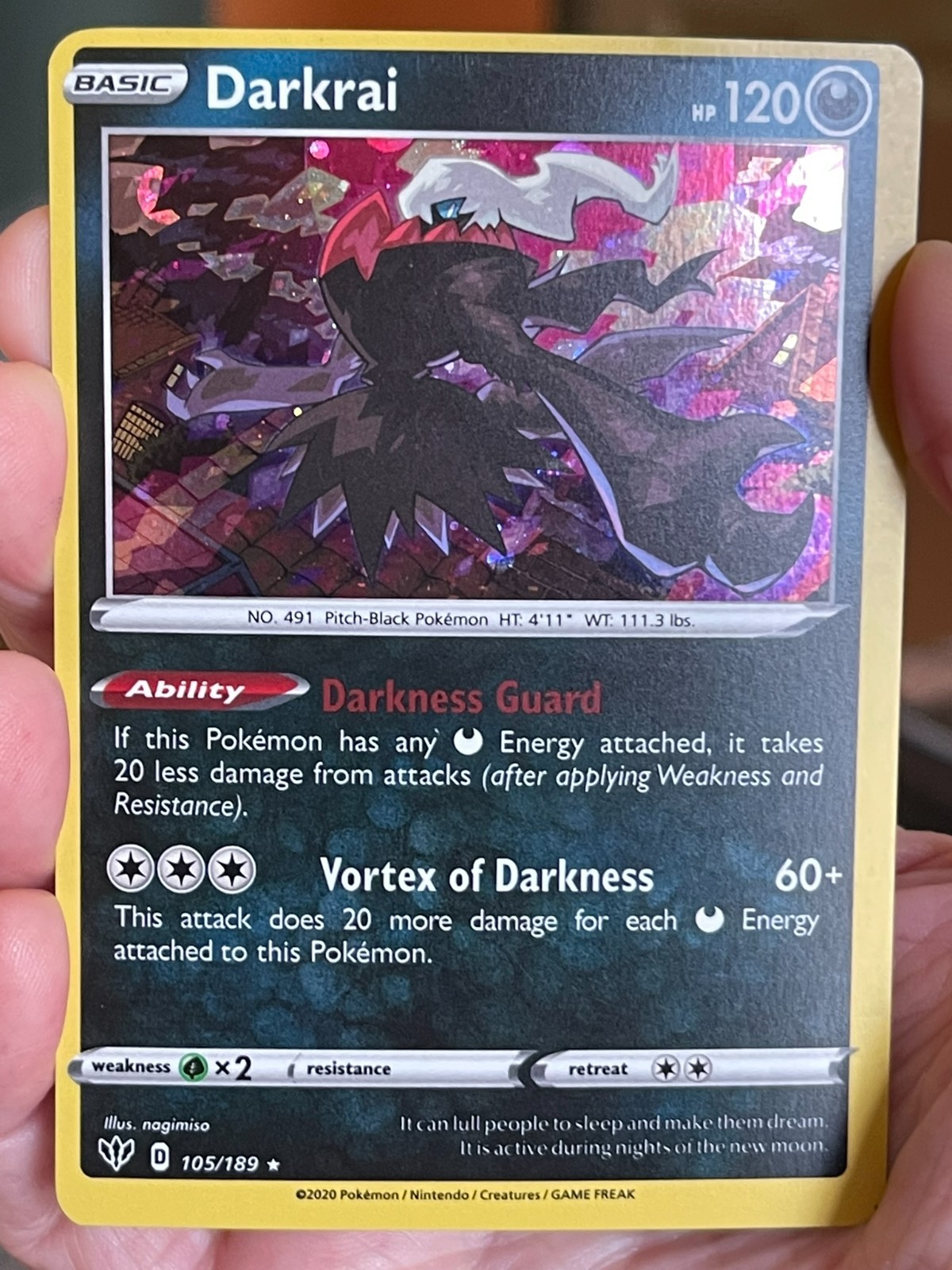 POKEMON DARKRAI 105/189 RARE COSMOS HOLOFOIL DARKNESS ABLAZE NM CARD
