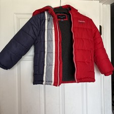 Boys London Fog Coat Large Size 7 Navy Blue Red Gray Hood Zip Fleece Lined
