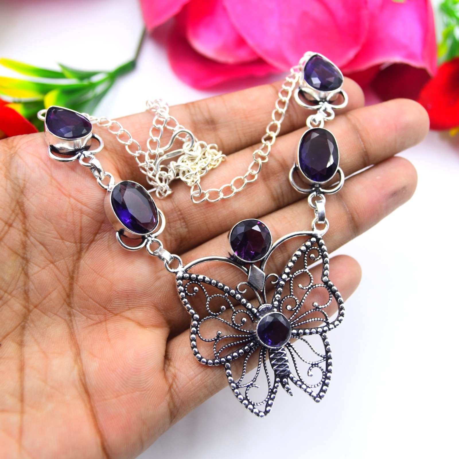 Purple Amethyst Gemstone Handmade 925 Sterling Silver Jewelry Necklace Sz-17-18