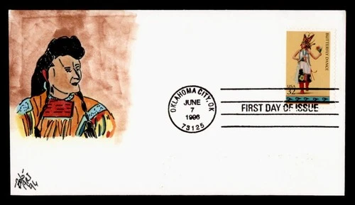 DR WHO 1996 FDC INDIAN BUTTERFLY DANCE BOB ART HAND COLORED CACHET M75298