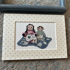 Vtg 80s Cross Stitch Girl Children Country Wall Art With Matte 5x7 Frame Repair
