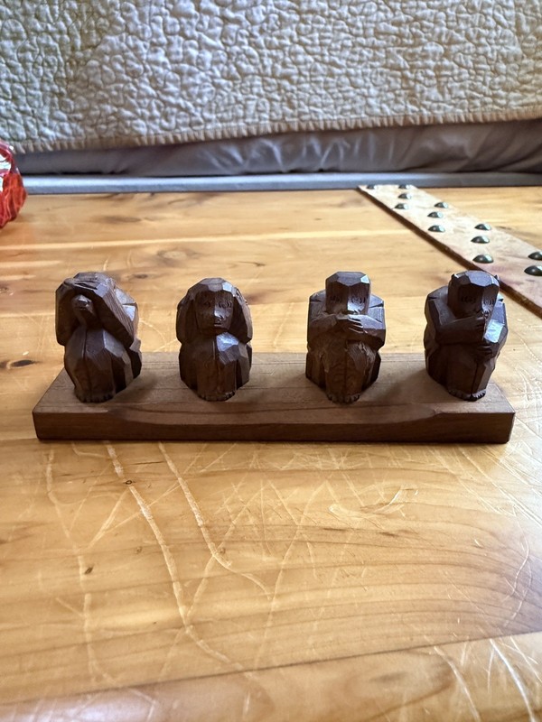 Vtg Netsuke Japanese Hand Carved Monkeys Sculpture Round Wise Monkeys mounted