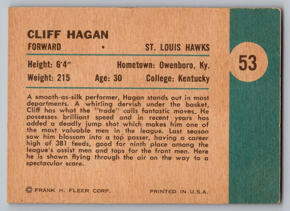 1961-62 FLEER #53 CLIFF HAGAN TOSSES FOR 2 POINTS W/JERRY WEST & ELGIN BAYLOR - Image 2 of 3