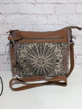 Myra Bag Dizzy Circle Canvas & Leather Small Crossbody Bag Purse Brown Gray 