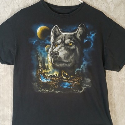 Men s T-Shirt DOM Large Graphic Wolf Moon Nature Black Tee XL Cotton