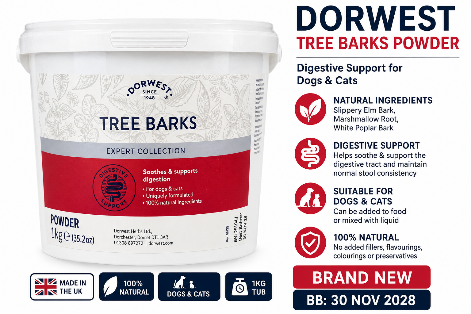 Dorwest Tree Barks Powder for Dogs and Cats, 1kg, Slippery Elm Bark, Marshmallow Root and White Poplar Bark Blend – Soothes Digestion & Upset Tummies, Eases Discomfort, Natural Formula - Image 3