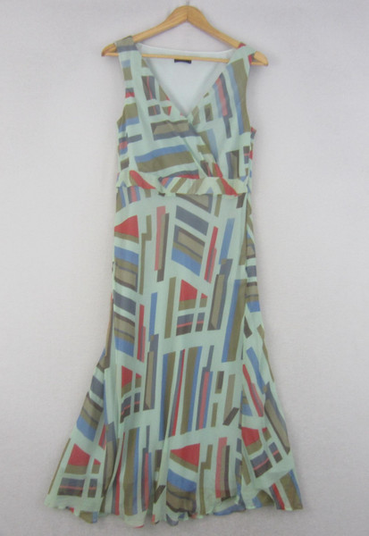 David Lawrence Dress Womens 14 Green Geometric Print Silk Wrap Maxi Sleeveless