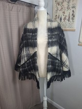 Vintage Mohair by Andrew Stewart Black White Tartan Cape Shawl Pockets Fringe