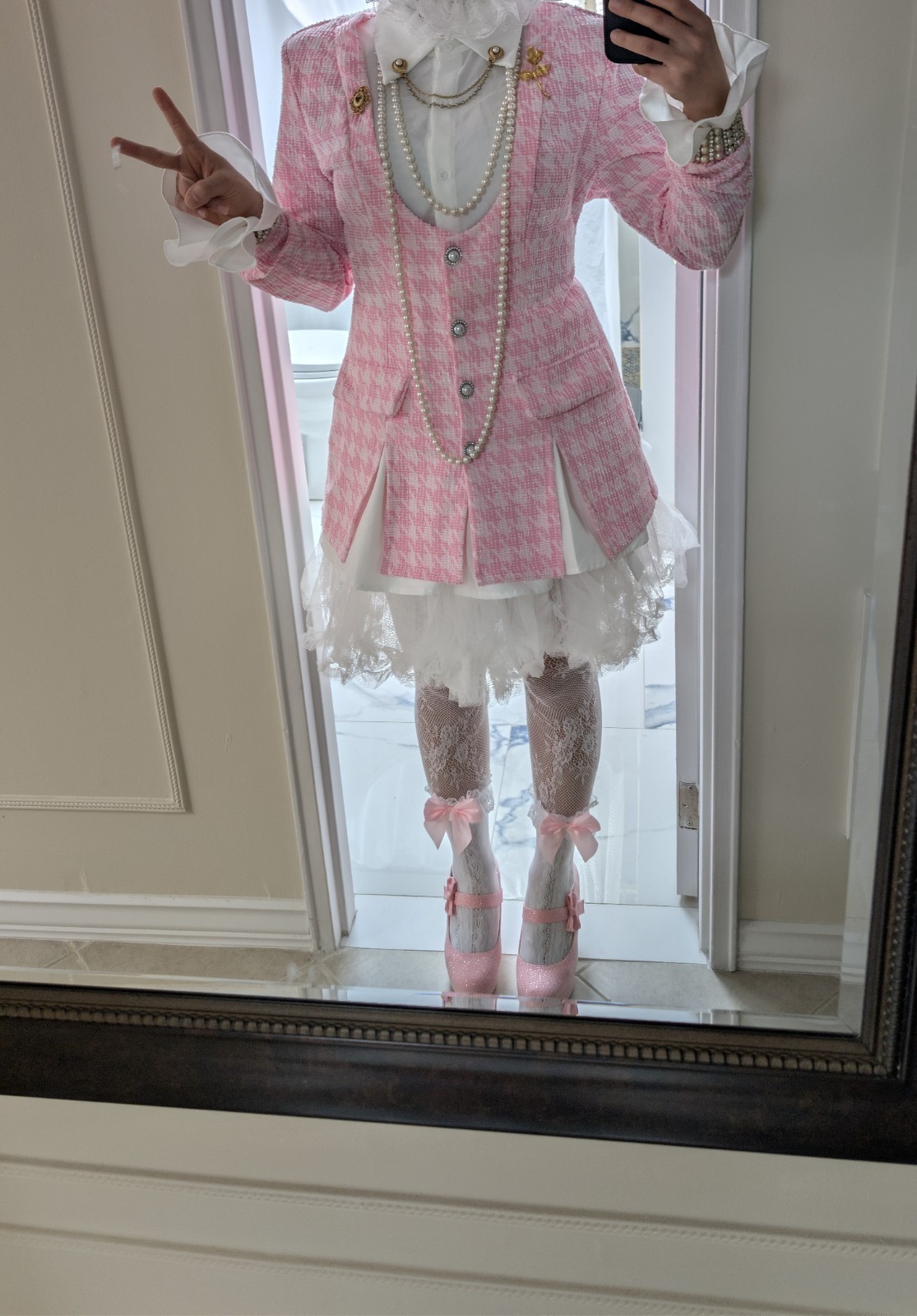 Women’s 1920s-1930s Style Pink & White Suit Costume Jacket Skirt Set Size L