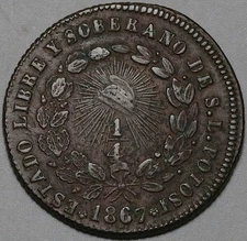 1867 San Luis Potosi 1/4 Real Quarto XF Mexico State Copper Coin (25081002R)