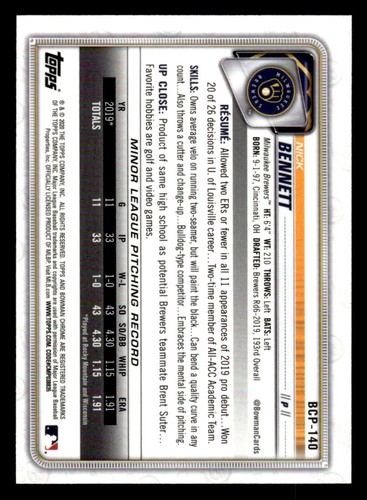 2020 Bowman Chrome #BP-140 Nick Bennett 1st Mojo Refractor Brewers - Bild 2 von 2