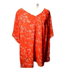 Cabi Coral Pink Floral Blossom VNeck Short Sleeve Blouse Boxy Fit Drapey Top XXL