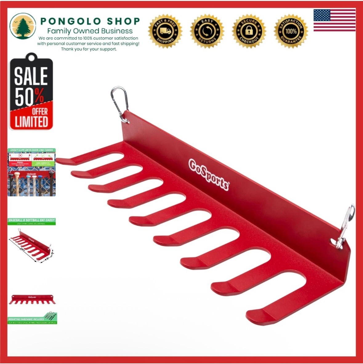 16-Bat Capacity Baseball & Softball Rack - Wall or Fence Mount Red no hardware