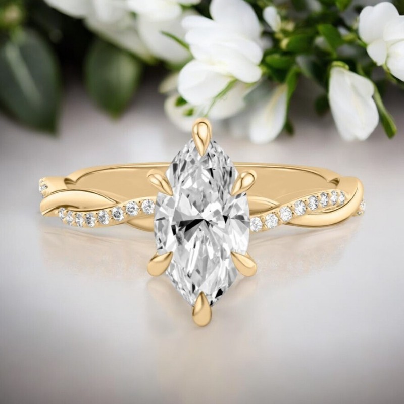 Wedding  14K Yellow Gold Diamond Ring 1.20 Ct Marquise Lab Created IGI Certified