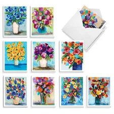20 Assorted Blank Notecards Set 4x5.12" w/ Envelopes (10 Designs) Bold Bouquets