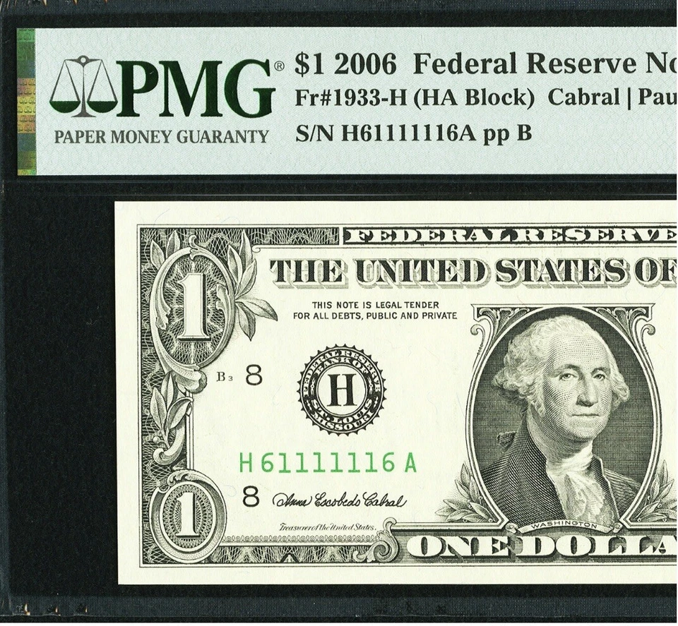 $1 2006 Fancy Serial H61111116A Super Radar BINARY upside down note.PMG EPQ 66 - Image 2 of 4