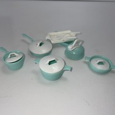 Vintage Barbie Playset Cookware Baking Pots Pans Kettle Aqua  White 13 Pc Set