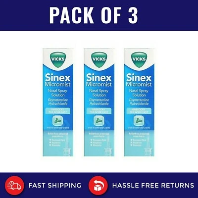 3 x Vicks Sinex Micromist Nasal Spray Solution 15ml - UNBLOCKS NOSE FAST UK