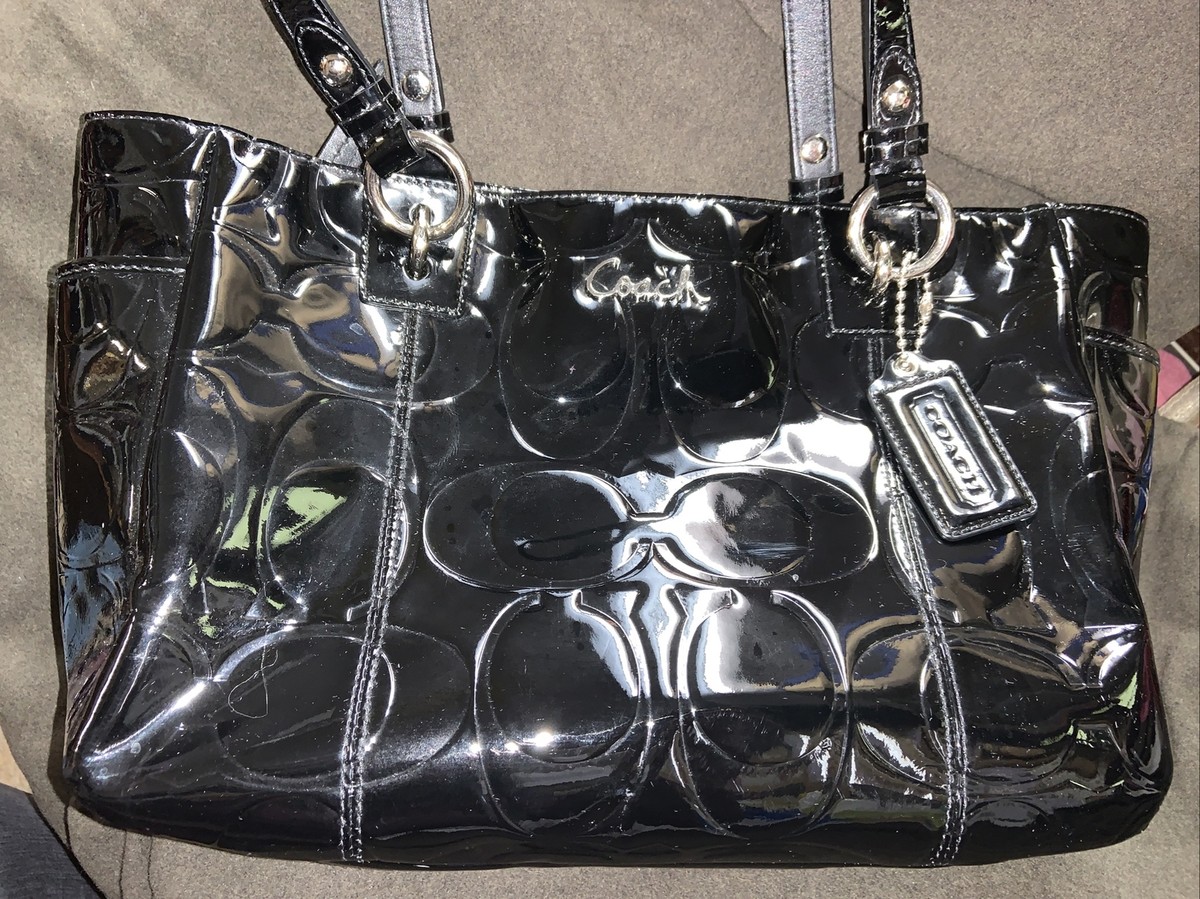Coach Black Patent Leather Logo Satchel Shoulder Bag Purse 14” | eBay
