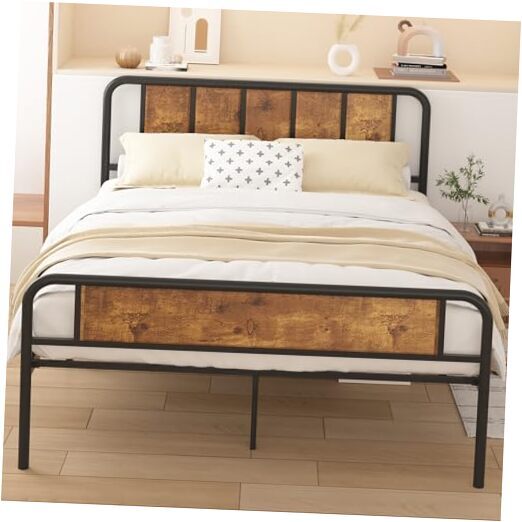 Queen Size Platform Bed Frame with Wooden Headboard,Sturdy Steel Slats