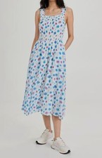 $365 LoveShackFancy Women's Blue Floral Smocked Squared A-Line Dress Size XS